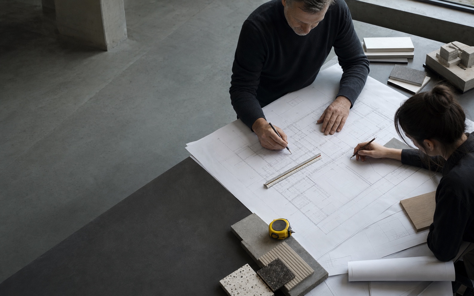 Rozpočtár a architekt pracujú nad stavebným výkresom